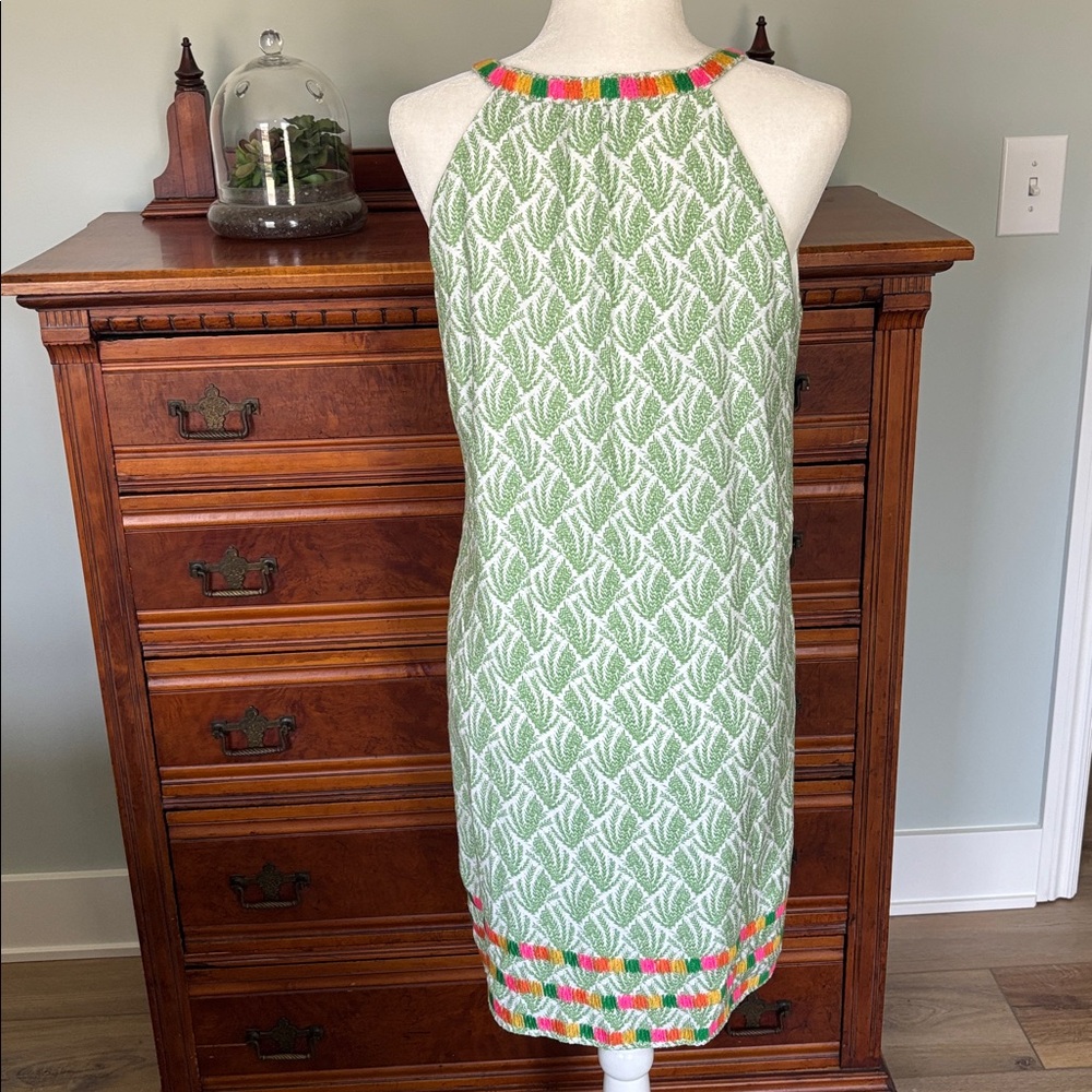 THML Sleeveless Halter Shift Dress Green and White Embroidered SZ M Preppy Boho - Picture 6 of 10